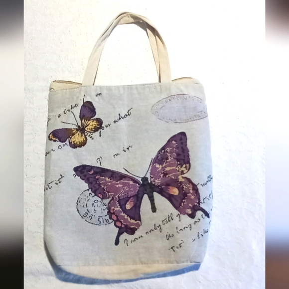 Handbags - 🖤Butterfly Print Tote Bag - Cream and Purple